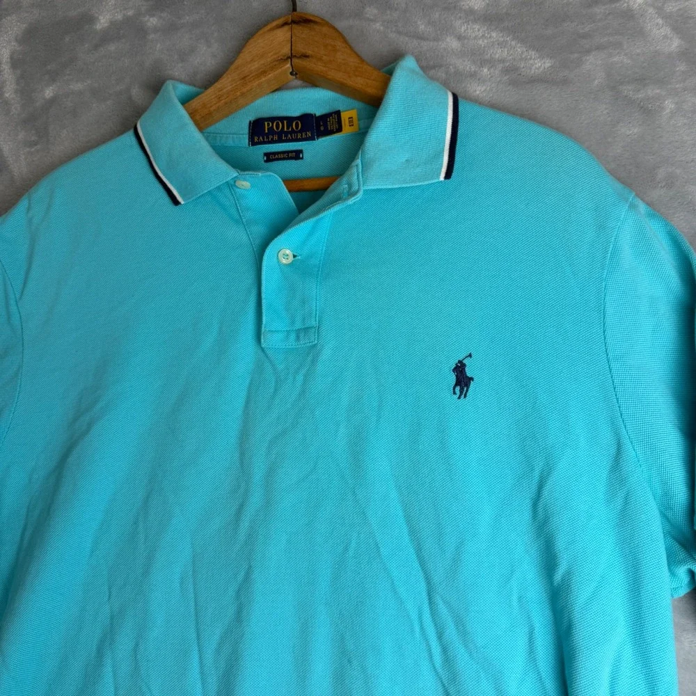 Polo Ralph Lauren Mens Classic Fit Polo Shirt Turquoise Blue Tipped Large